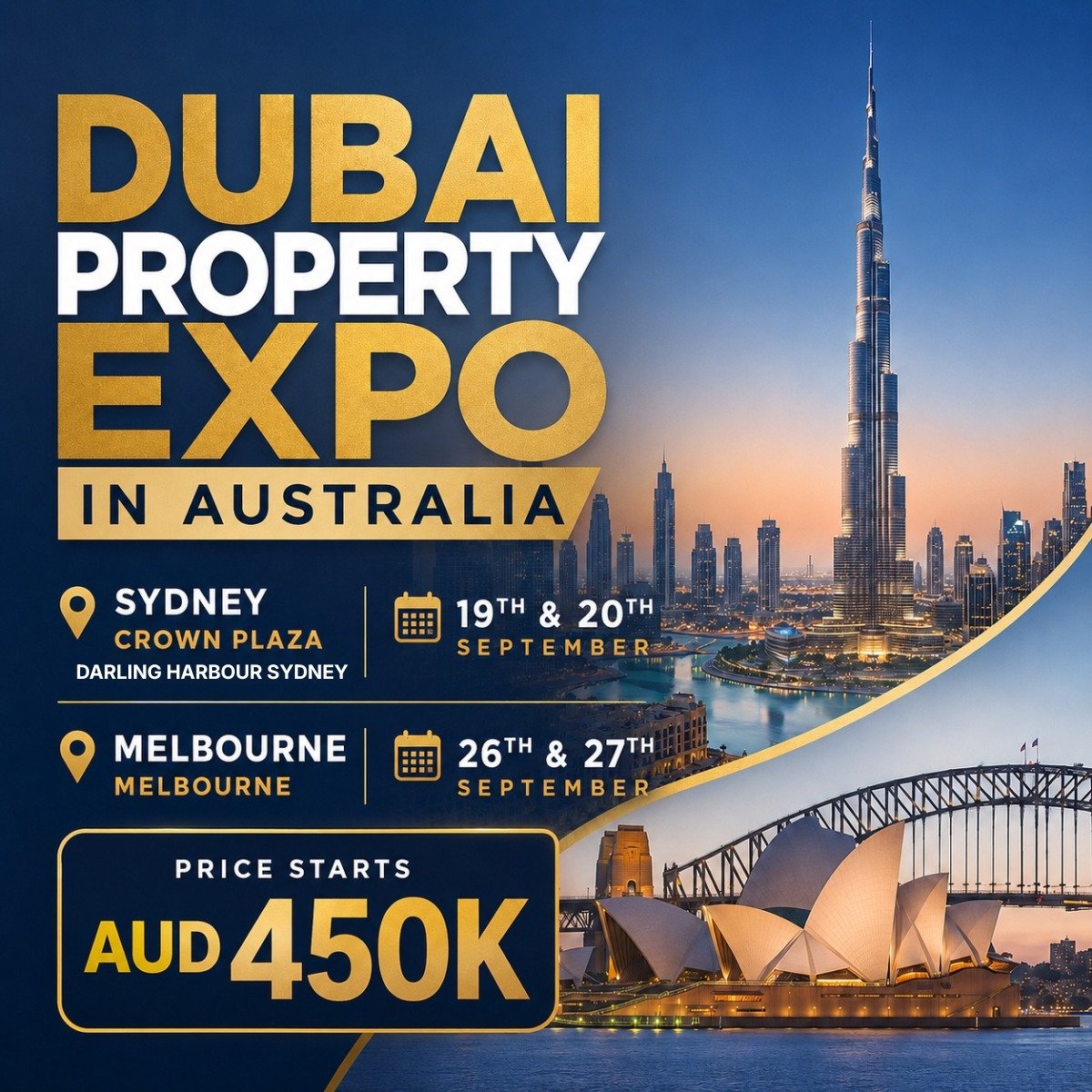 Dubai Property Expo in Australia — event flyer with Sydney and Melbourne dates